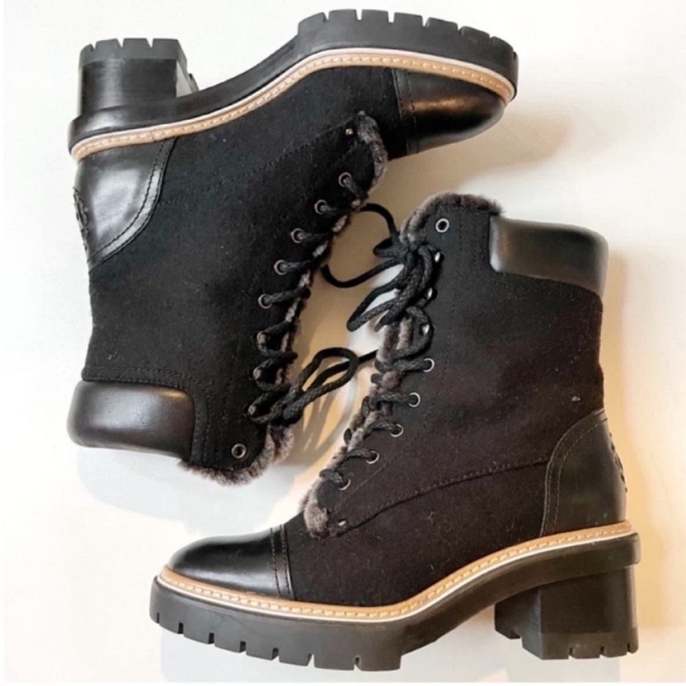 New Tory Burch Miller 60MM Black Lug Sole Shearling Boots Size 7.5 - Picture 3 of 13